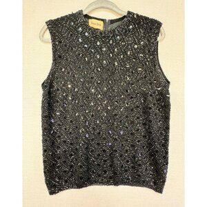 Vintage Neiman Marcus Hand Beaded Wool Sleeveless Top Blouse Shirt Black